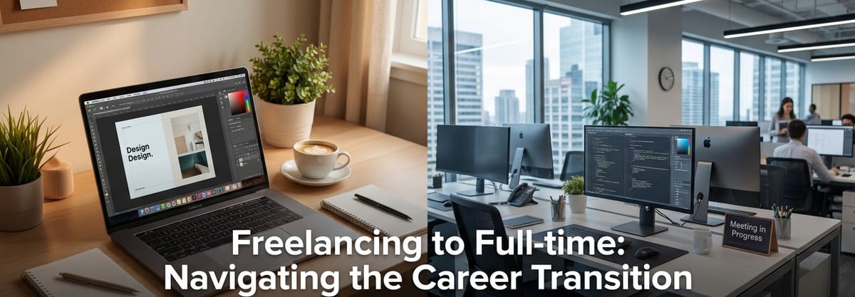 A home desk with creative work and a modern office workspace, representing a career path evolving over time