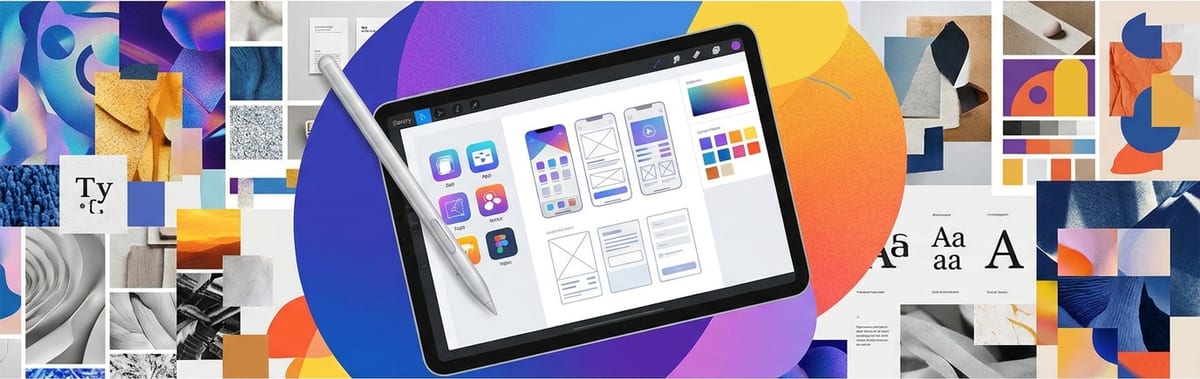 A colorful moodboard collage with a tablet showing a design app, representing a portfolio of creative work