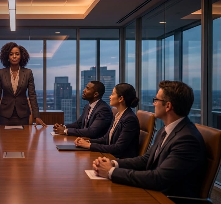 A panel of interviewers seated around a boardroom table during an interview