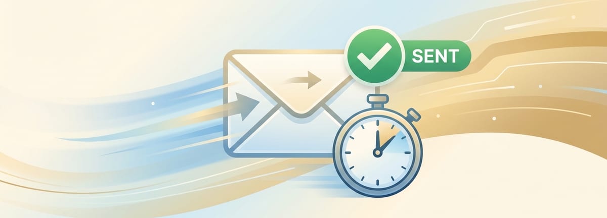 An envelope being sent quickly next to a stopwatch, with a green Sent checkmark