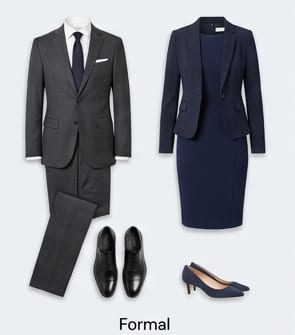A formal outfit flat-lay showing a blazer, dress, and shoes for professional interview attire