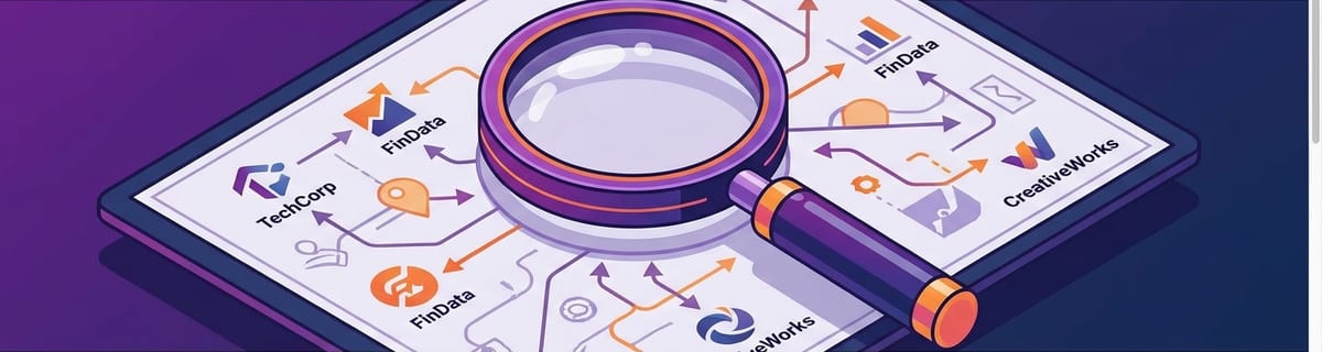 A magnifying glass hovering over a tablet showing company logos connected by arrows, representing a job search