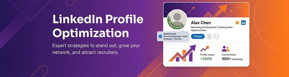 A mockup profile card showing a growth chart, profile views, and connection count