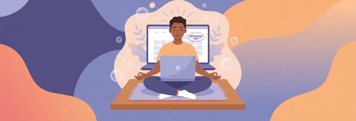 An illustration of a person meditating calmly in front of a laptop with an Interview Day reminder