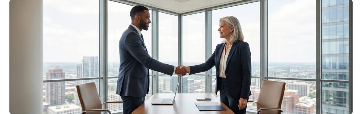 Two professionals shaking hands in a glass-walled office overlooking a city skyline