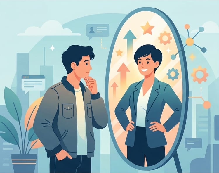 A person looking into a mirror and seeing a more confident reflection of themselves