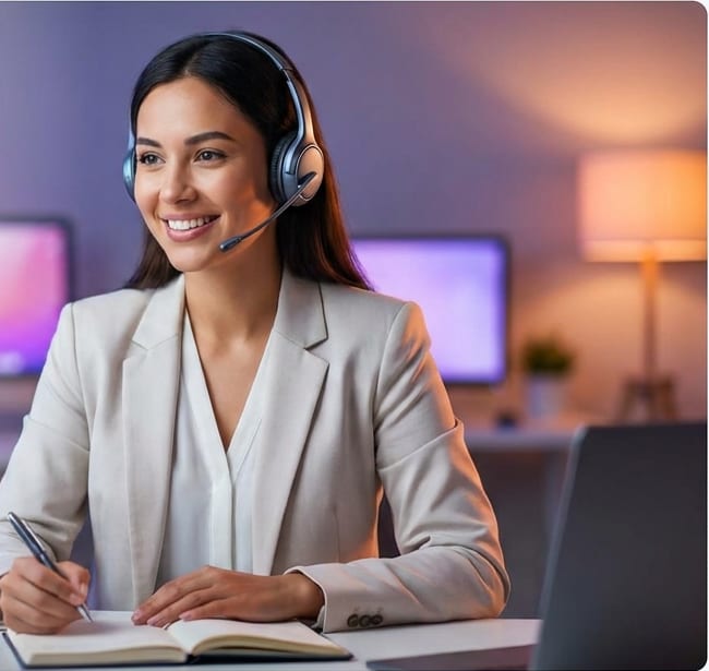 A smiling woman wearing a headset speaking confidently at her home desk
