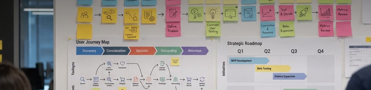 A whiteboard covered in sticky notes mapping out a user journey and strategic roadmap
