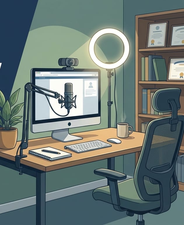 A home office desk setup with a webcam, ring light, and microphone ready for a video call