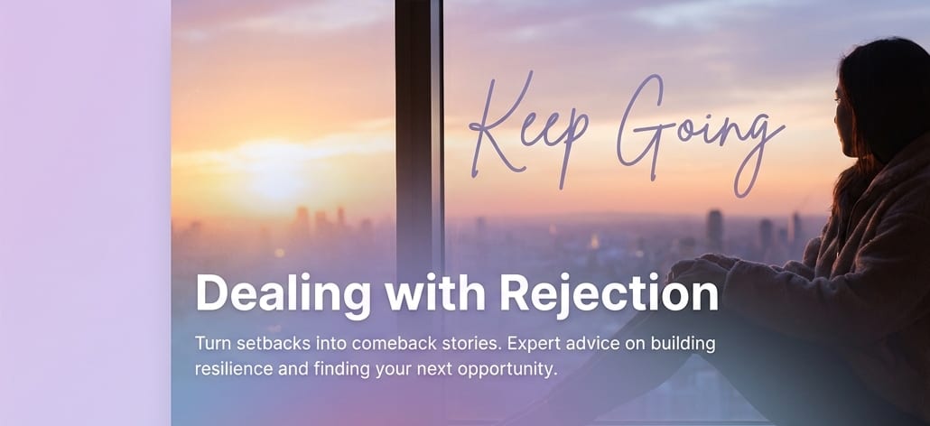 A person looking out of a window at a sunset city skyline, captioned Dealing with Rejection