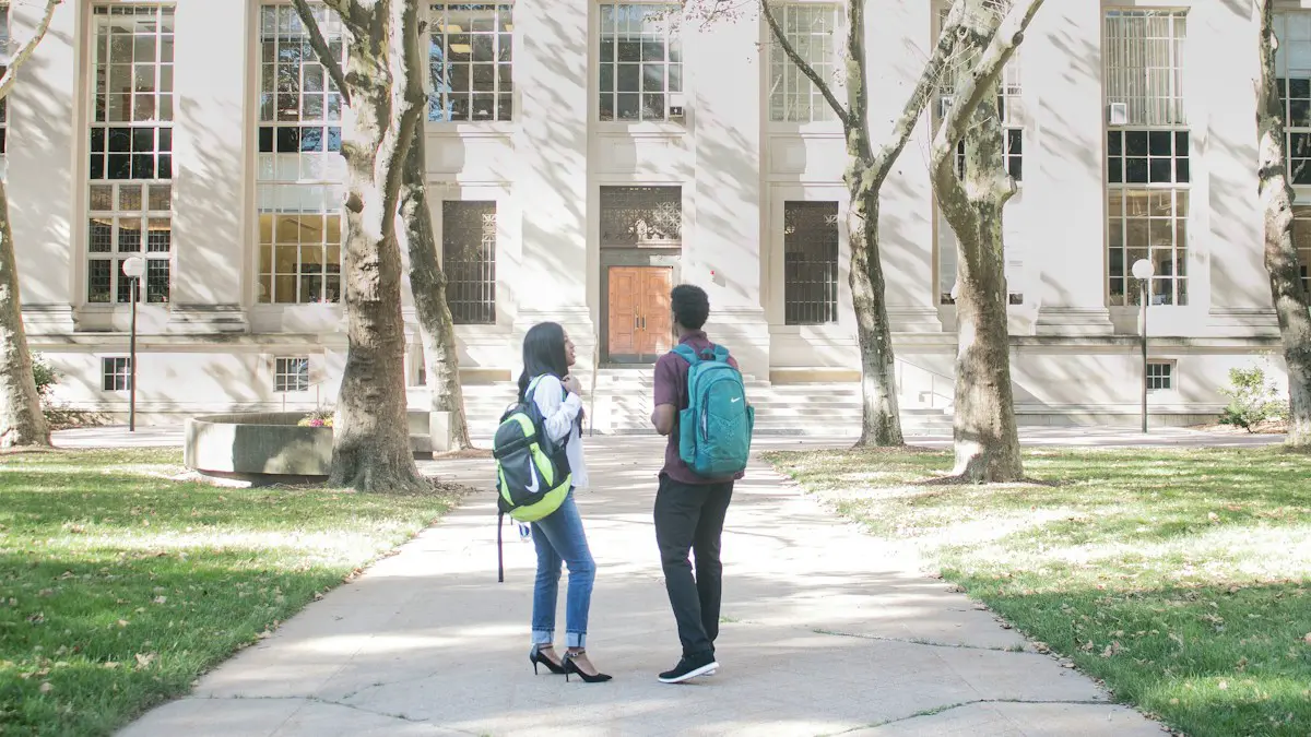 A couple of people that are standing in front of a building.