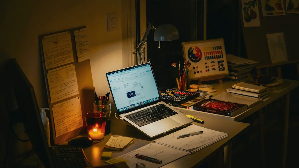 Desk with laptop, books, and lit candle.