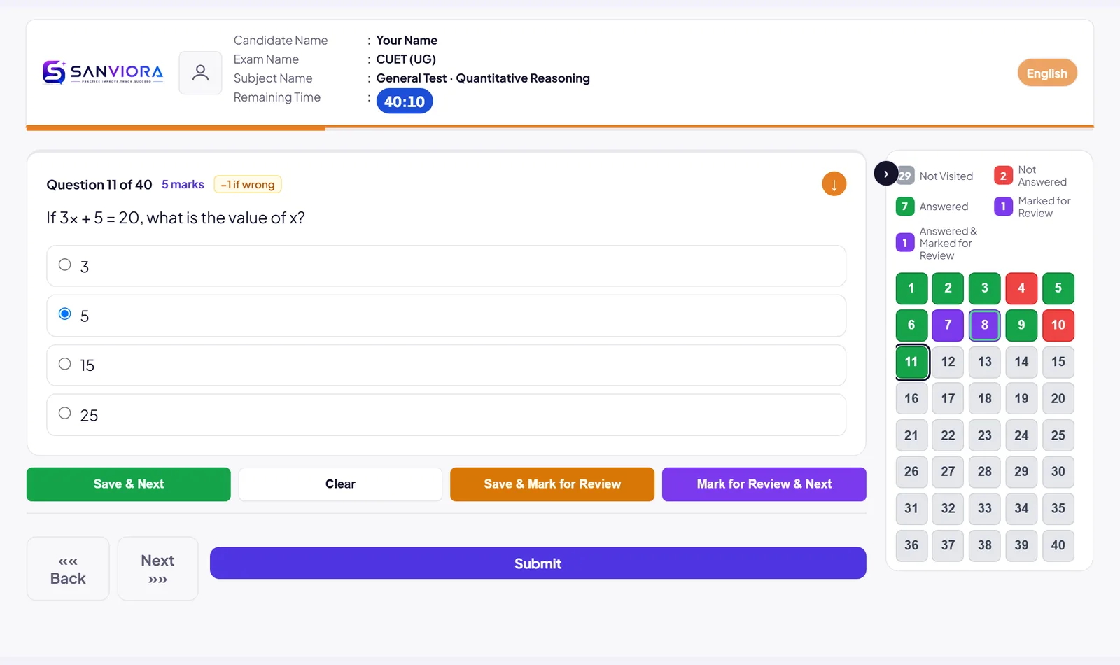 The CUET (UG) practice test screen: a question with four options, the time left and the colour-coded question palette.