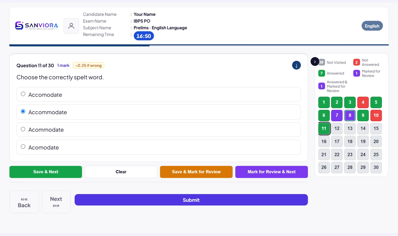 The IBPS PO practice test screen: a question with four options, the time left and the colour-coded question palette.