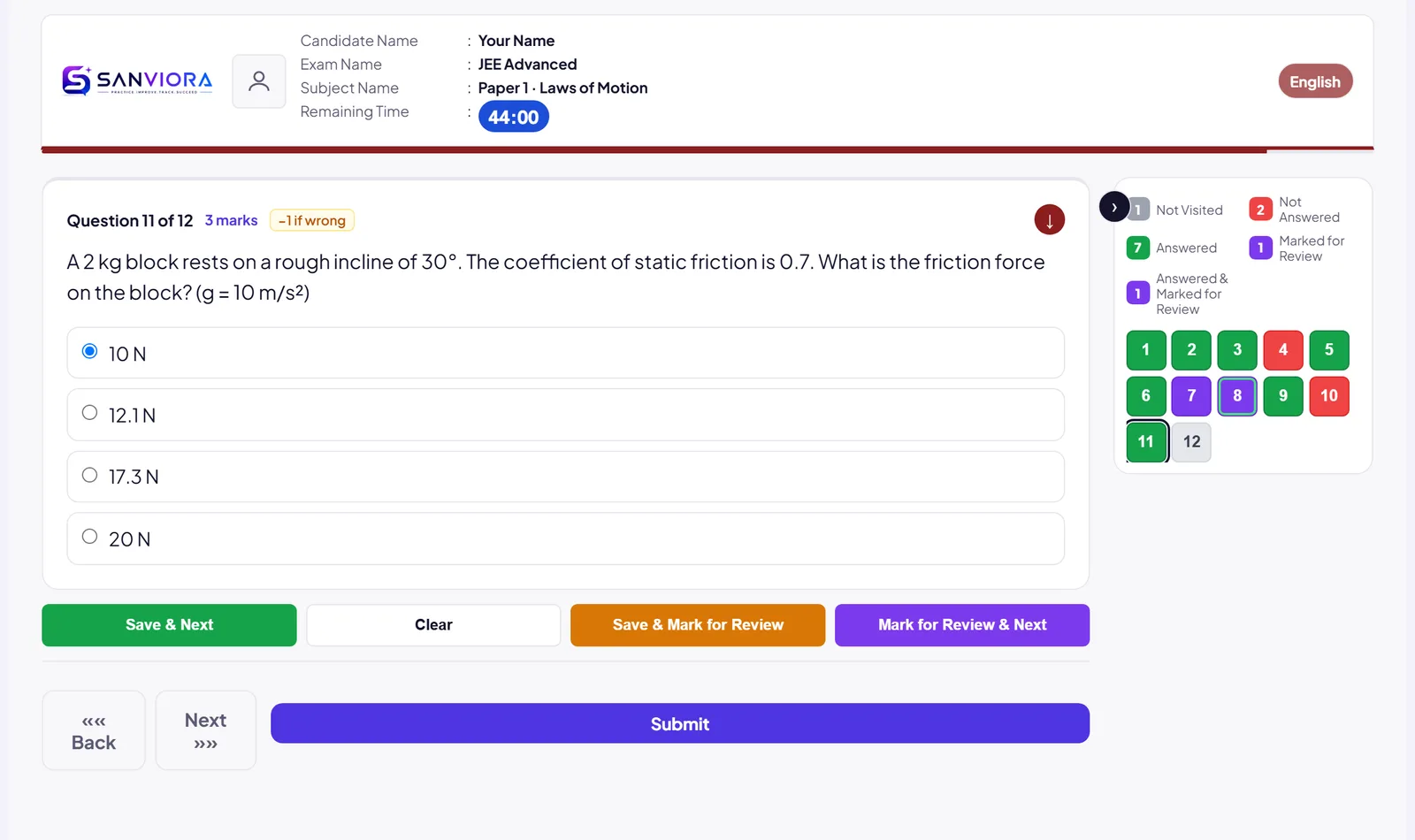 The JEE Advanced practice test screen: a question with four options, the time left and the colour-coded question palette.