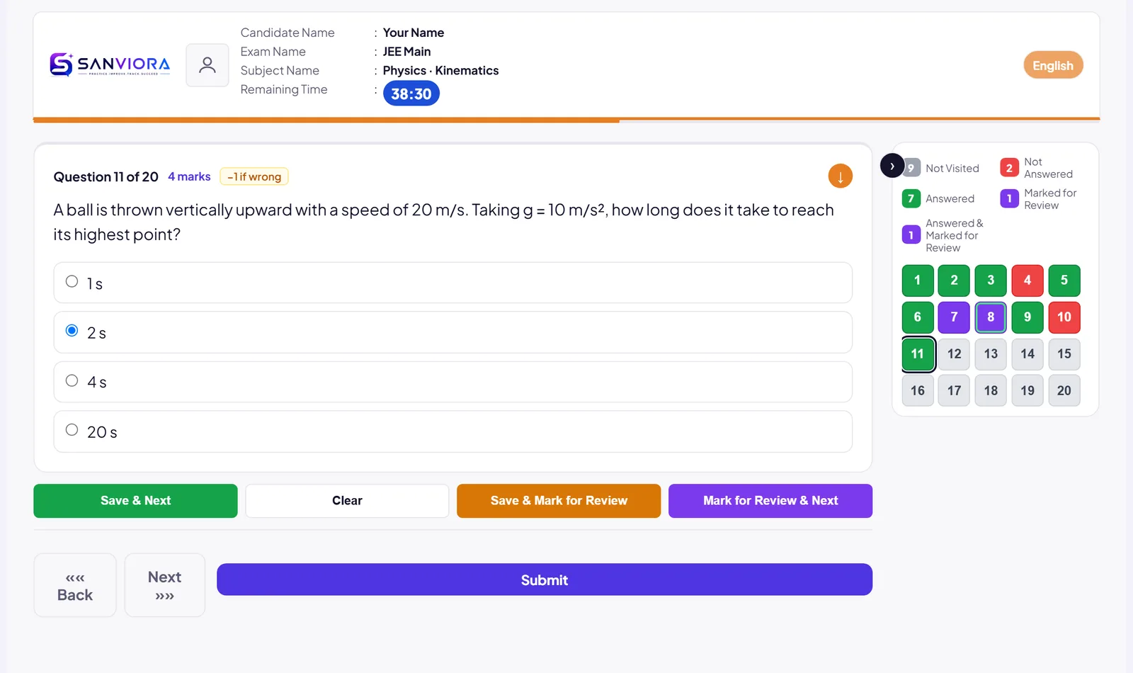 The JEE Main practice test screen: a question with four options, the time left and the colour-coded question palette.
