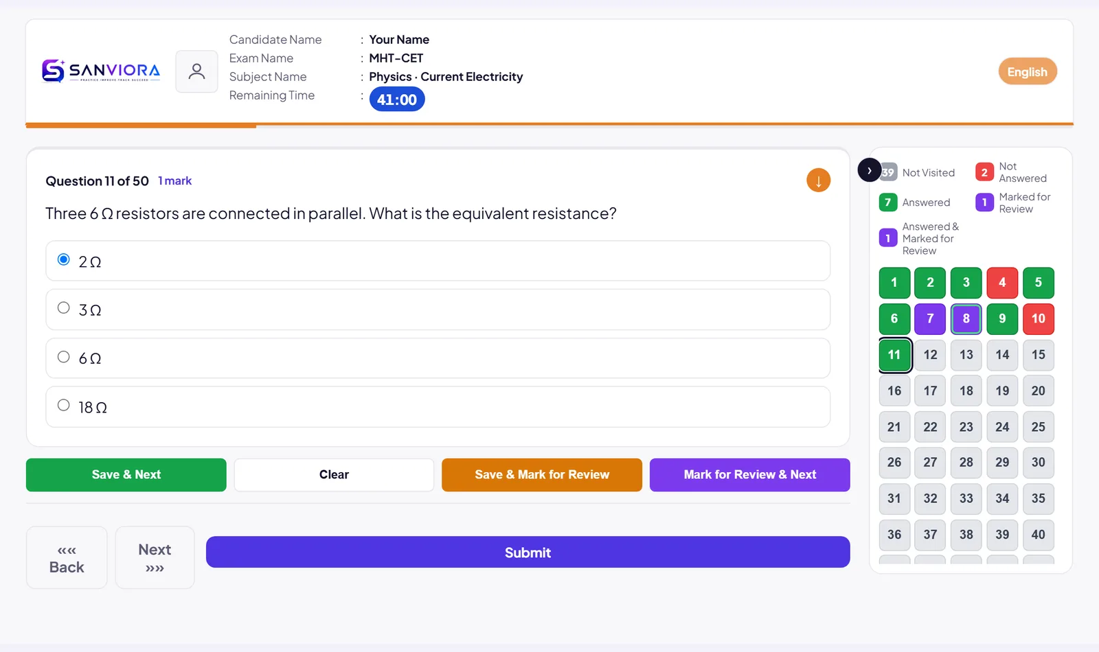 The MHT-CET practice test screen: a question with four options, the time left and the colour-coded question palette.