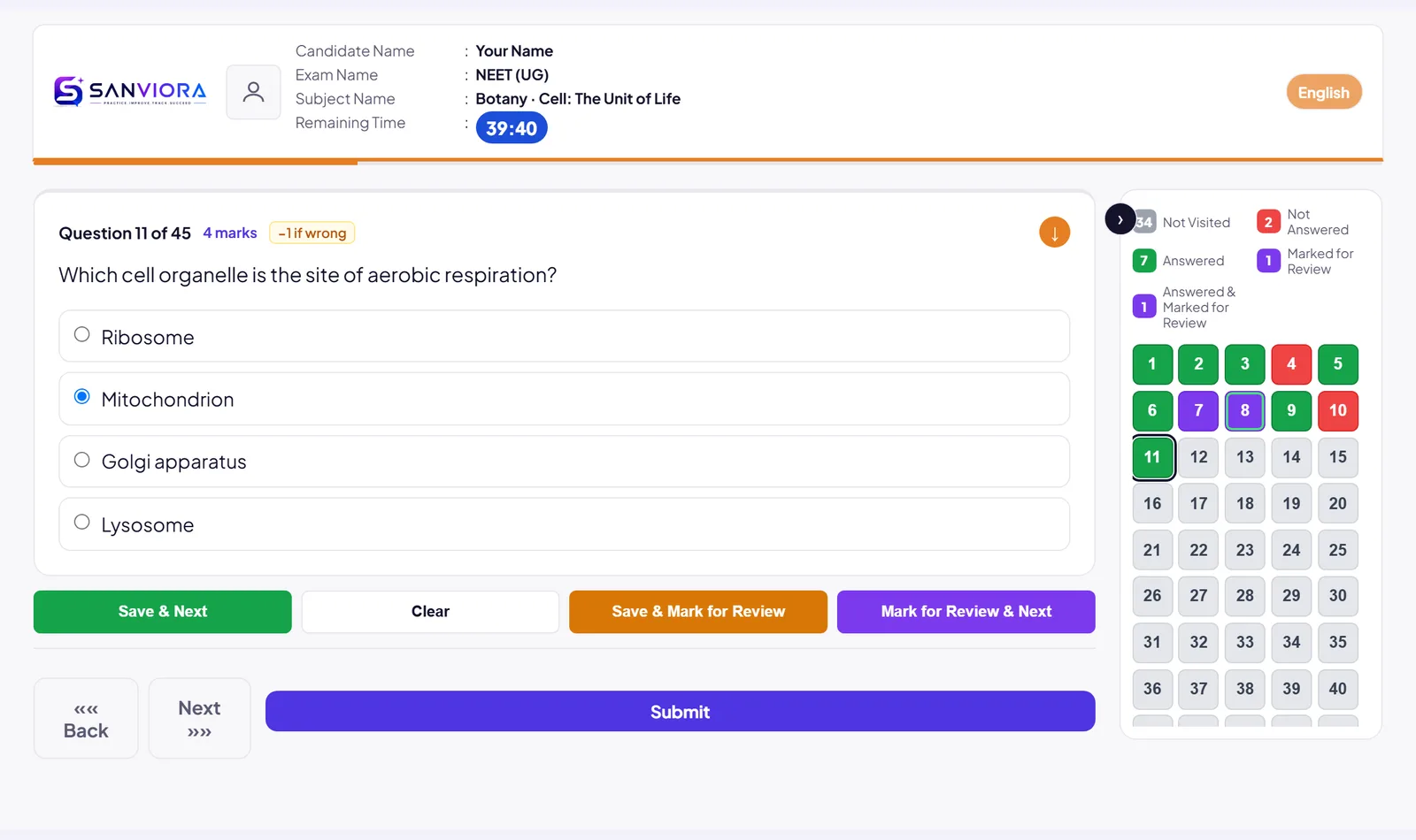 The NEET (UG) practice test screen: a question with four options, the time left and the colour-coded question palette.