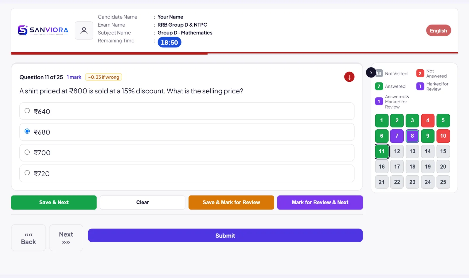 The RRB Group D & NTPC practice test screen: a question with four options, the time left and the colour-coded question palette.