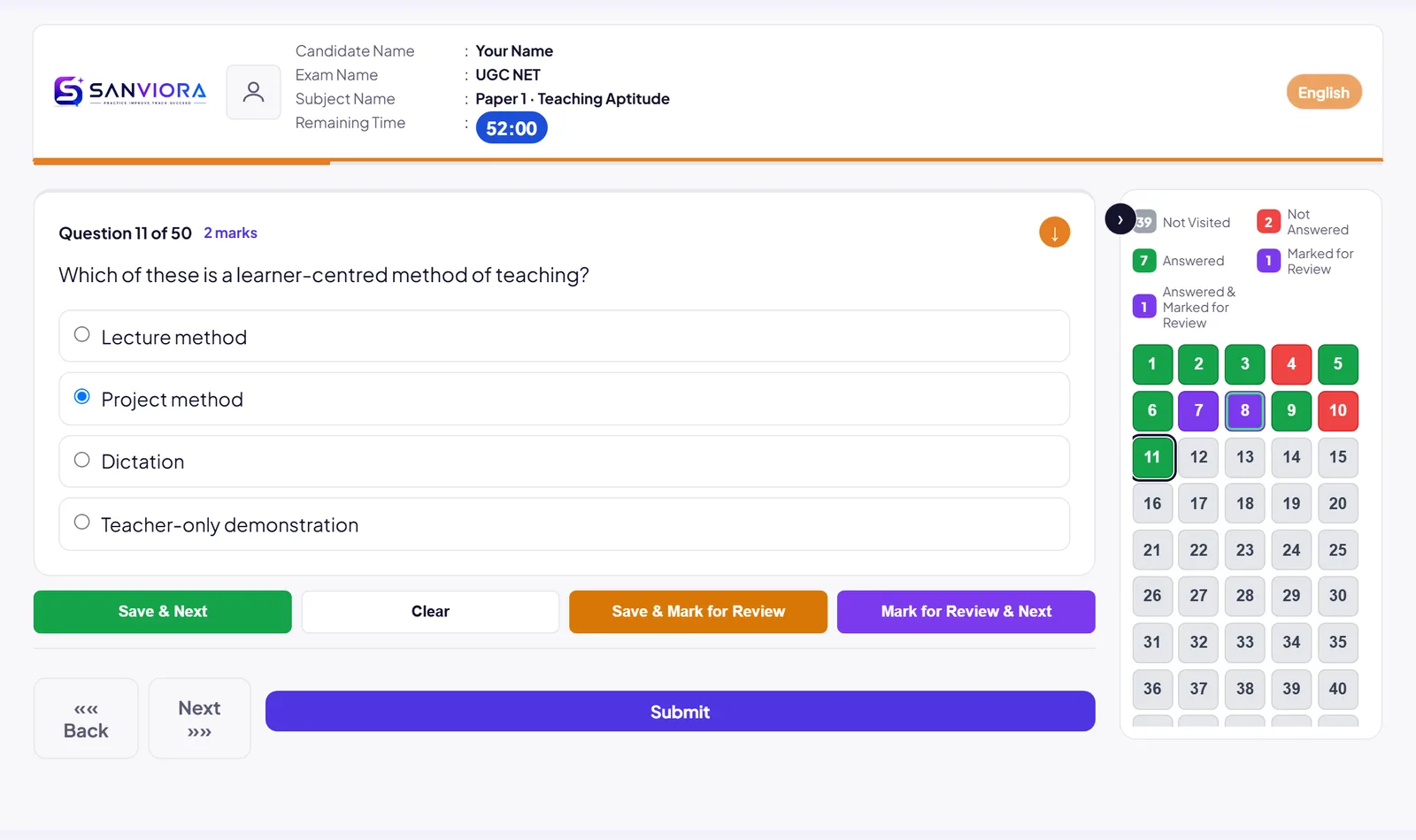 The UGC NET practice test screen: a question with four options, the time left and the colour-coded question palette.