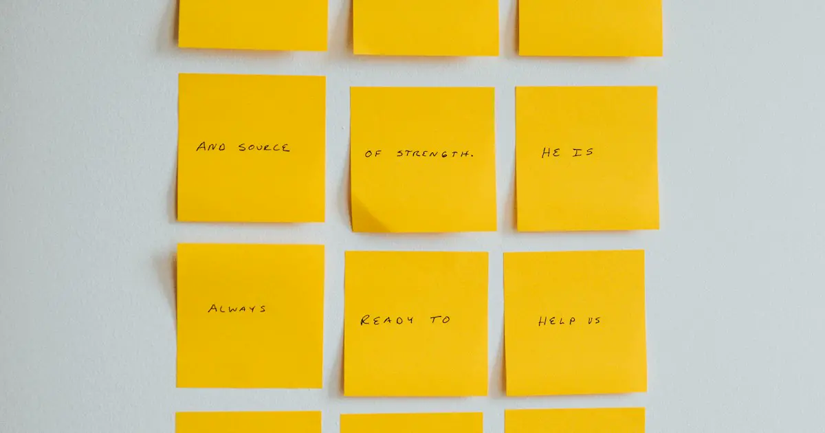 Rows of handwritten sticky notes.