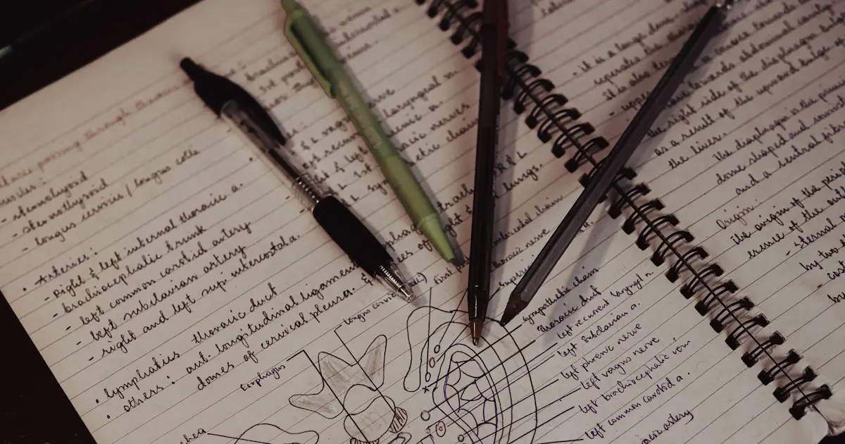 Handwritten notes and sketches with pens.