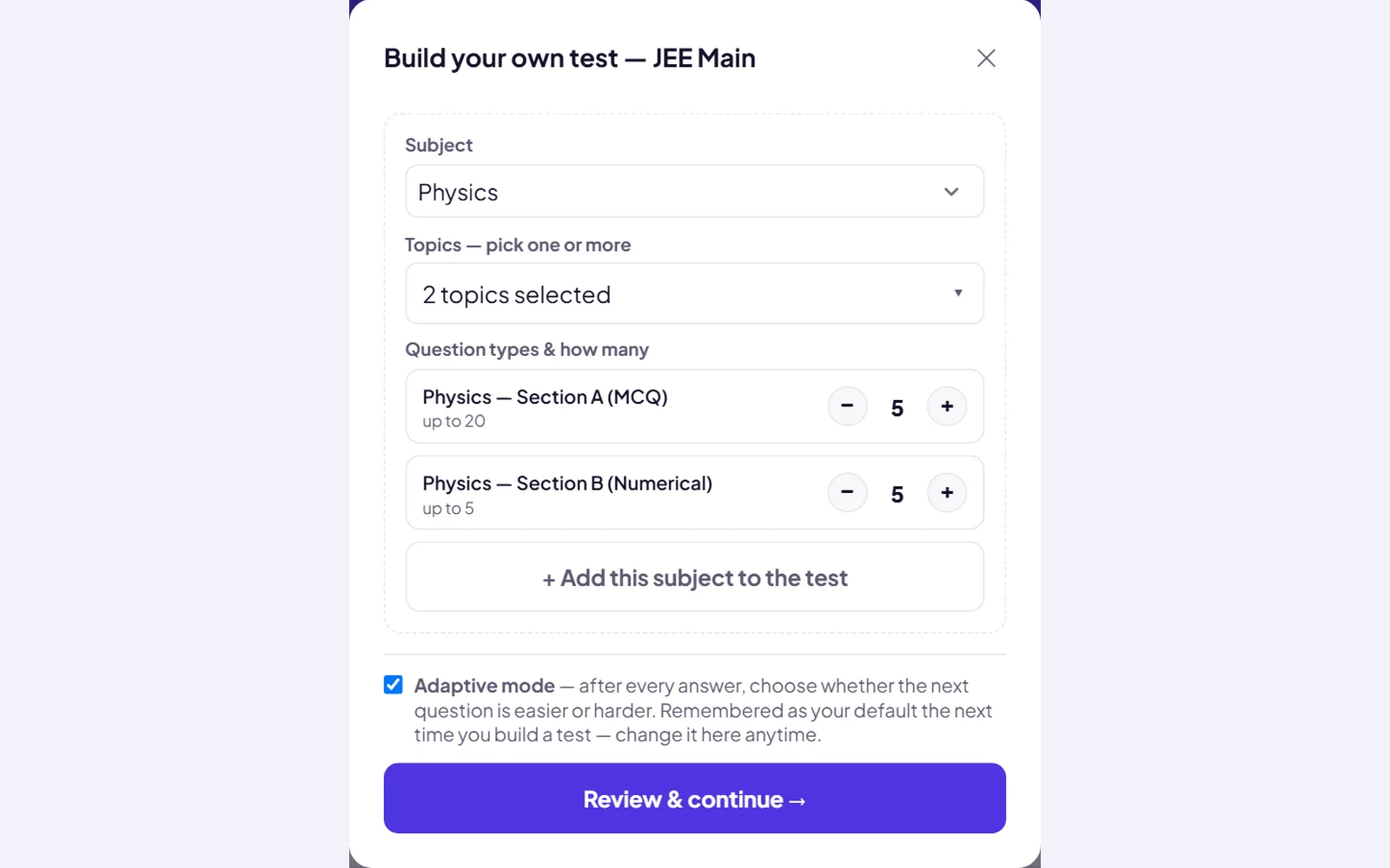 The "Build your own test" window: pick subjects and topics, and set how many questions of each type.