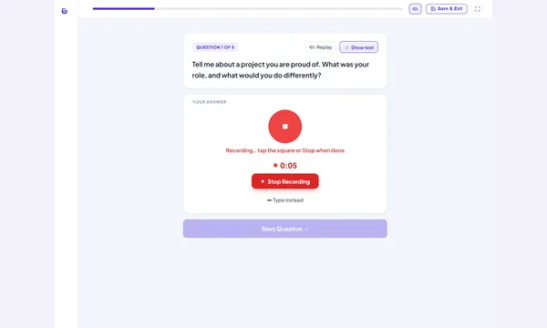 The AI interview screen with a question and the answer being recorded.