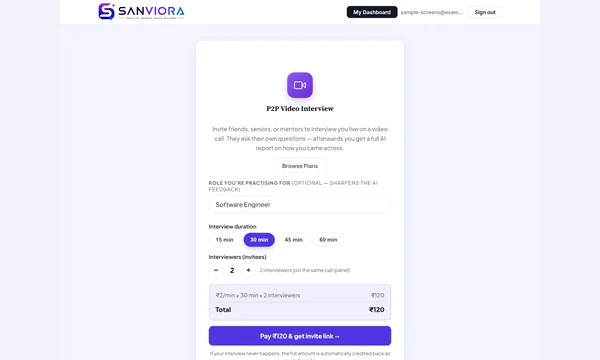 Booking a P2P video interview: minutes, interviewers and price.