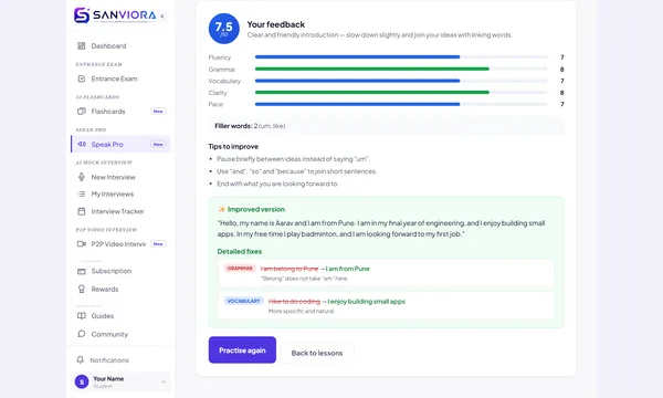 Speak Pro feedback on a spoken answer: score, skill bars and tips.