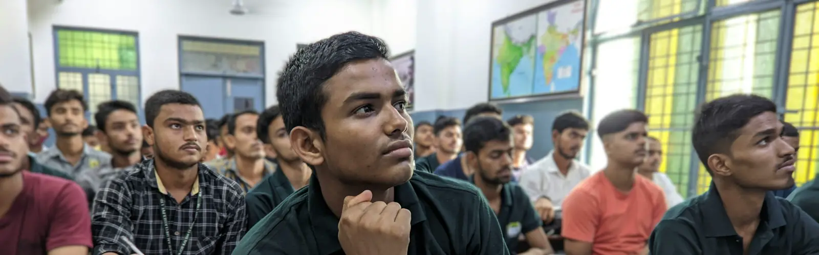 Students listening in a coaching classroom, with a map of India on the wall.
