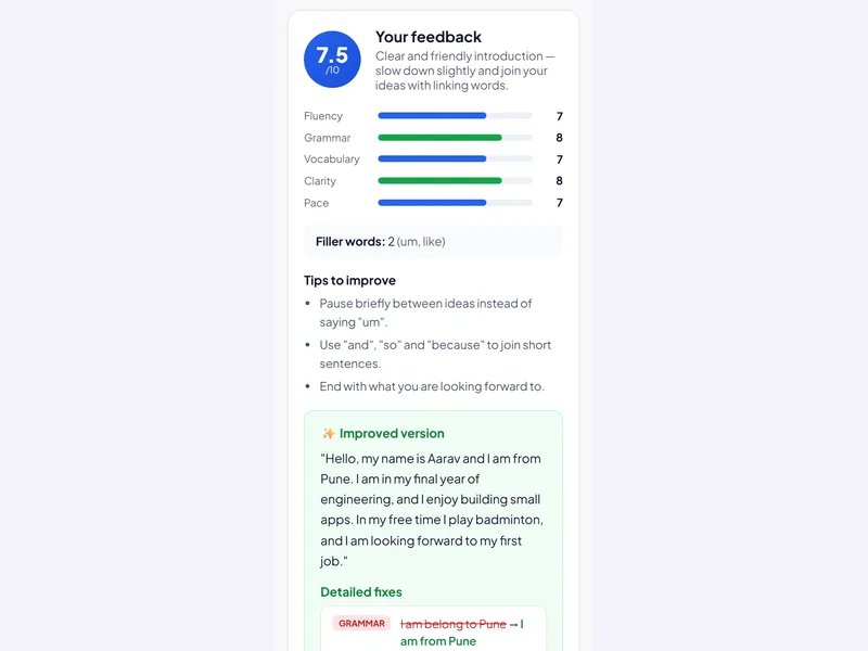 Speak Pro on a phone: AI feedback on a spoken answer with the corrected version.