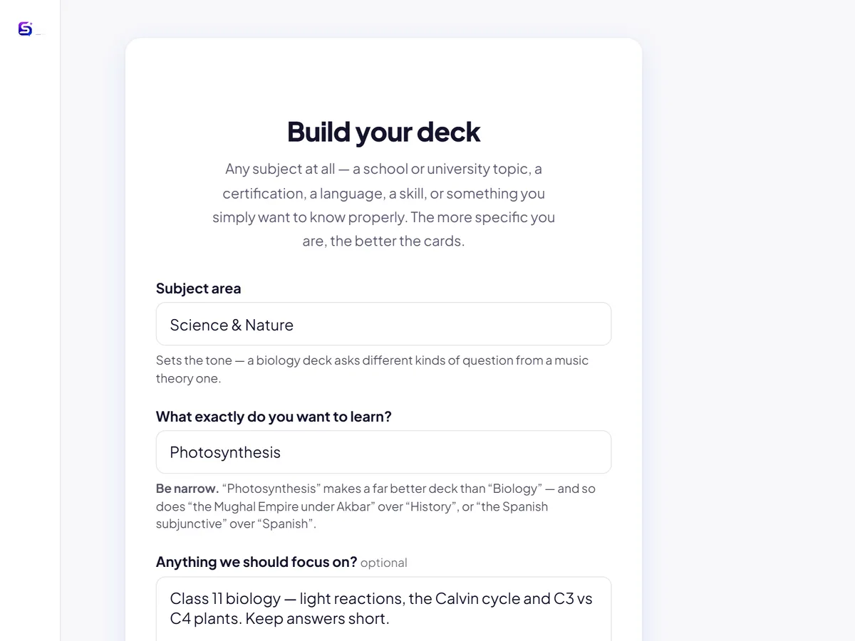 The flashcard brief form: category, topic and a short description of what to cover.