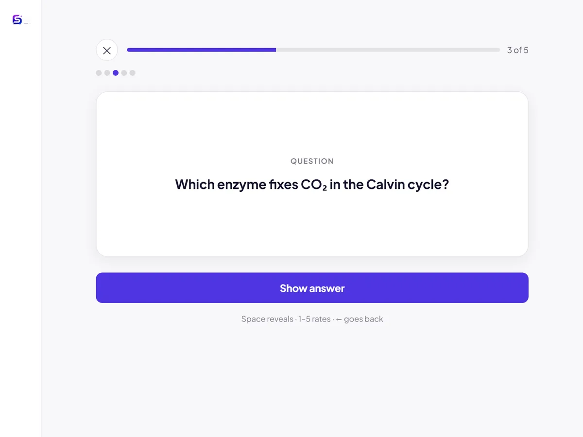Studying a flashcard: the question is shown and the answer stays hidden until you ask for it.