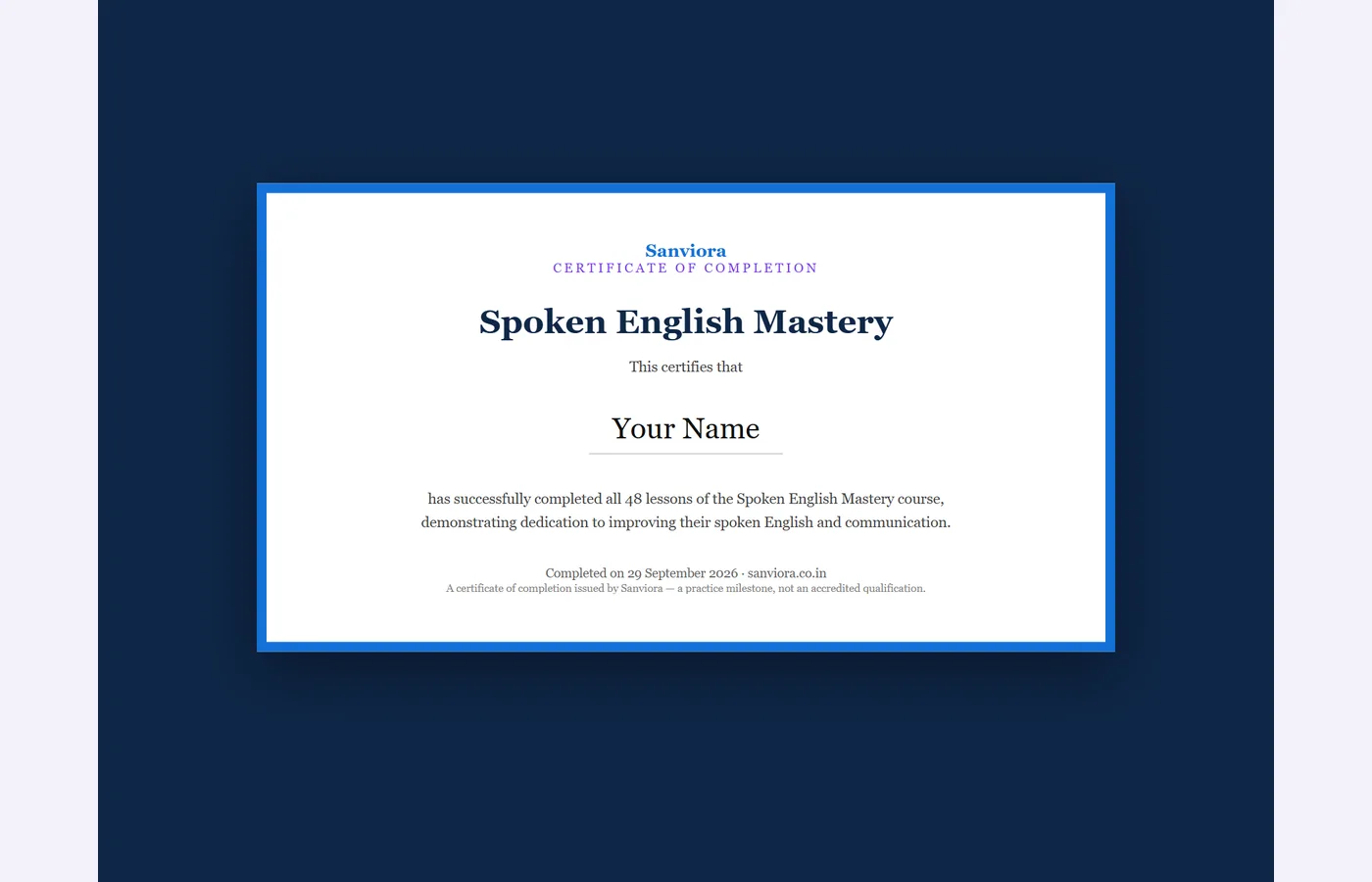 Sample Speak Pro completion certificate made out to Your Name.