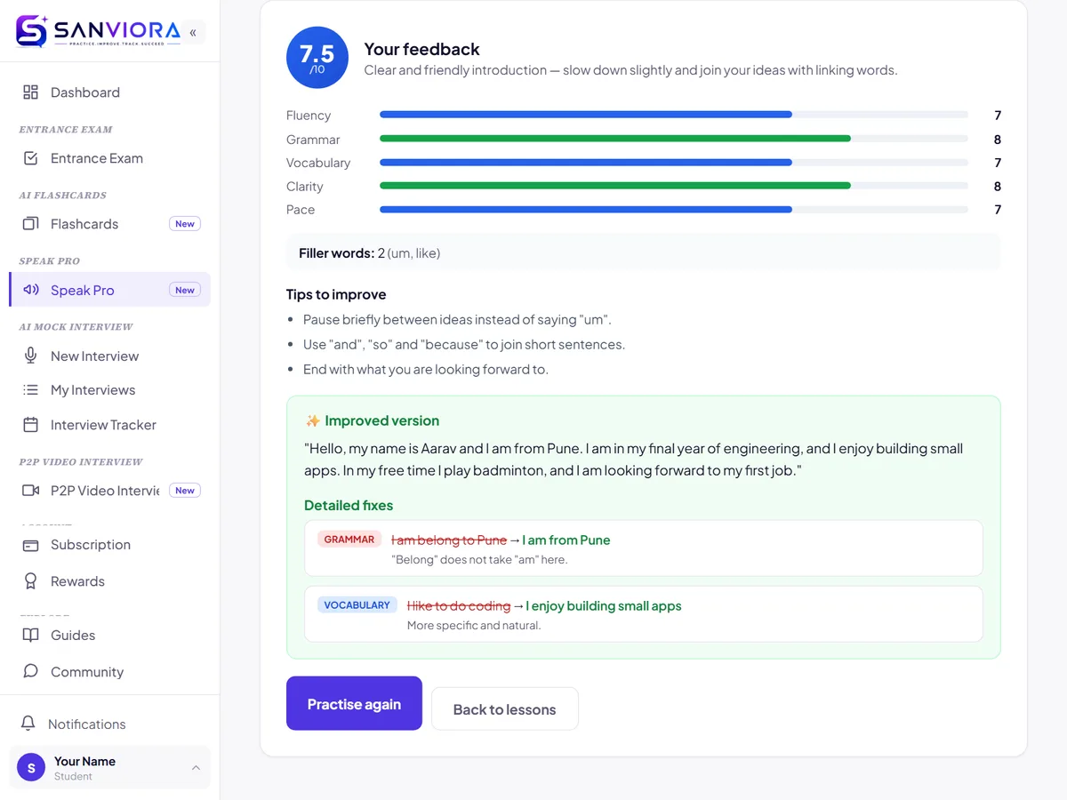 AI feedback on a spoken answer: an overall score, five skill bars, tips and an improved version.