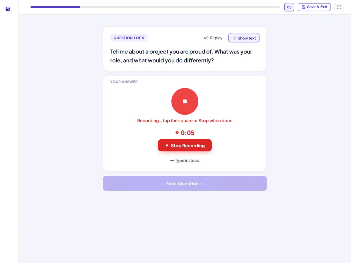 The AI interview screen: the question card and your answer being recorded.