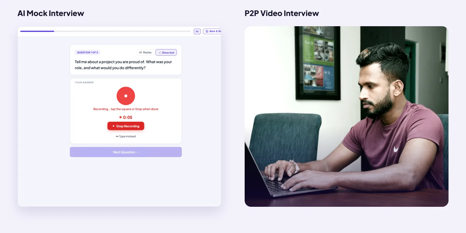 Side by side: the AI mock interview screen, and a candidate being interviewed by a senior on a video call.