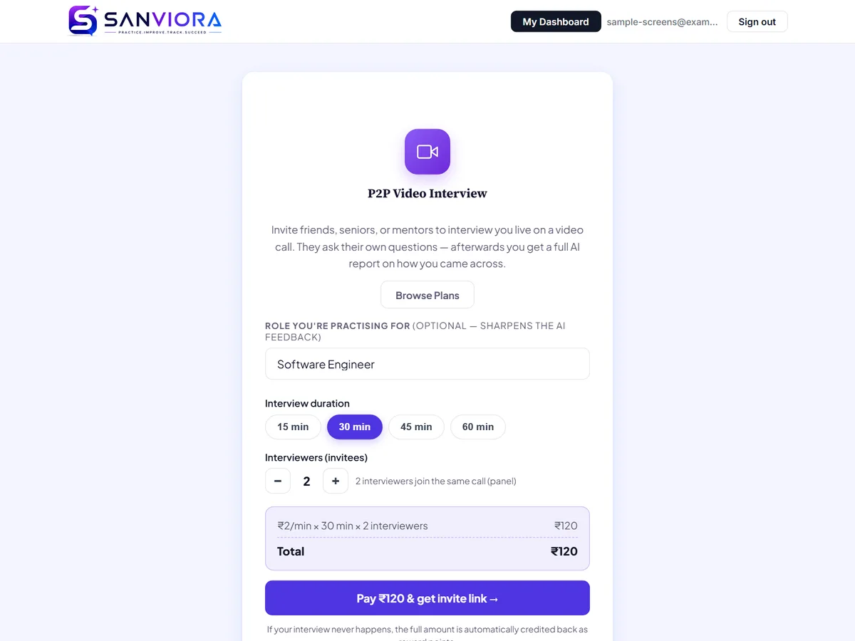 Booking a P2P video interview: pick the minutes and how many interviewers, with the price shown.