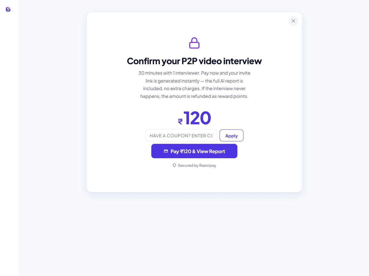 The payment step for a P2P video interview booking.