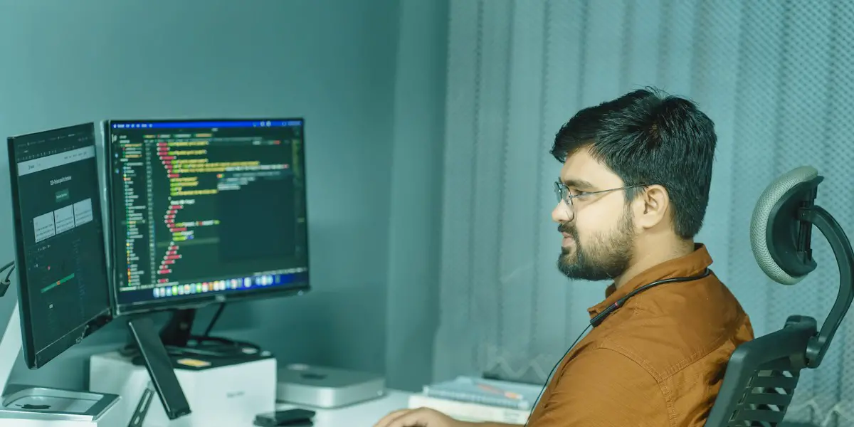 A software engineer working at two monitors.